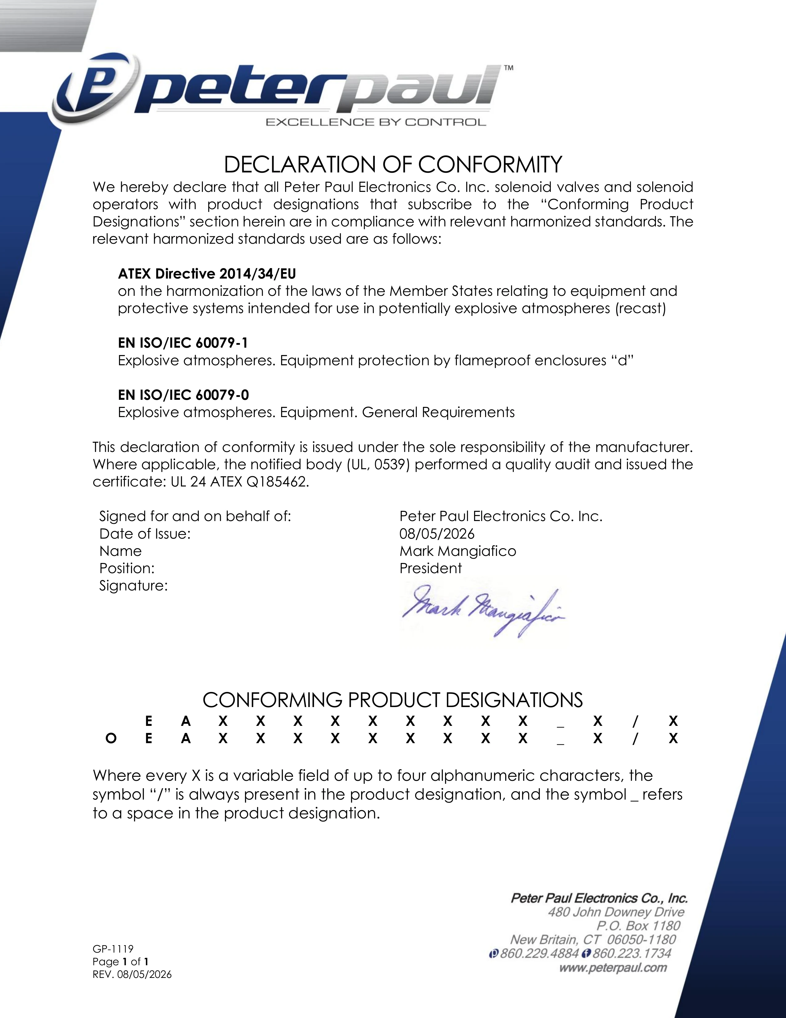 GP-1119 ATEX IECEx UKEx Signed Declaration of Conformity REV 08-05-26